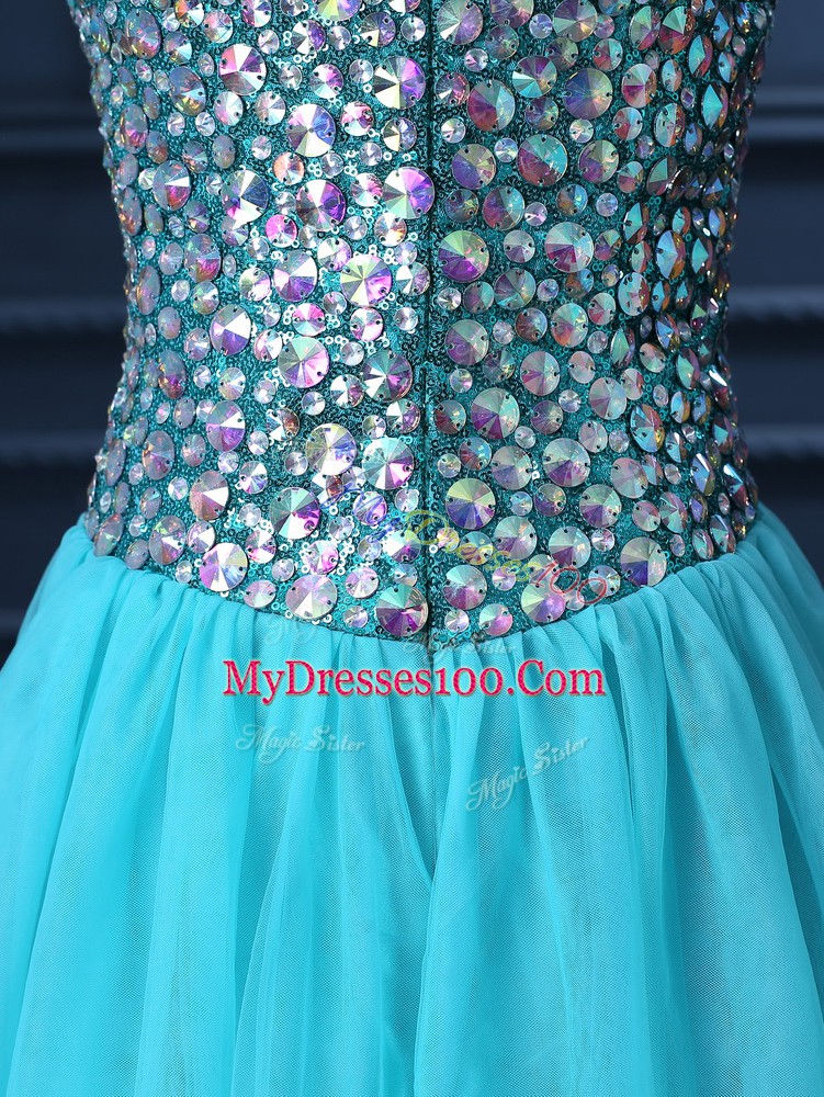 Sexy Floor Length Aqua Blue Prom Gown Sweetheart Sleeveless Zipper