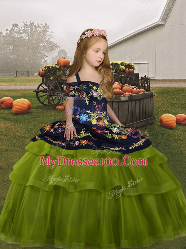 Hot Sale Olive Green Tulle Lace Up Kids Formal Wear Sleeveless Floor Length Embroidery