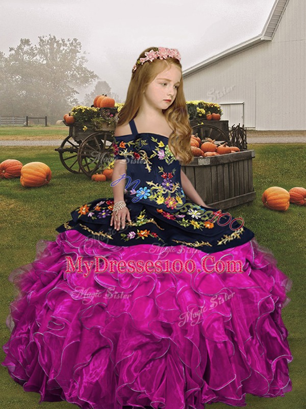 Stylish Straps Sleeveless Child Pageant Dress Floor Length Embroidery and Ruffles Fuchsia Organza