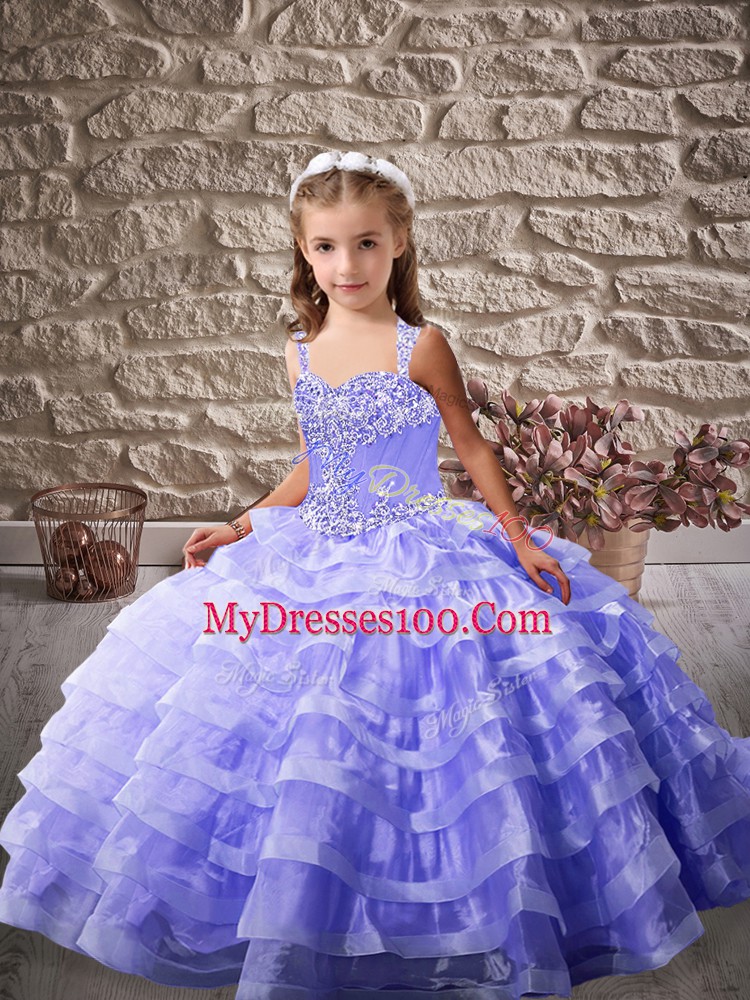 Hot Selling Lavender Lace Up Straps Ruffled Layers Child Pageant Dress Organza Sleeveless