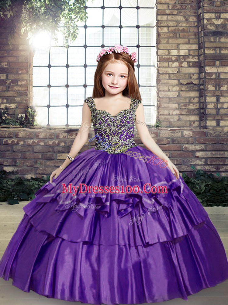 High Class Floor Length Lavender Pageant Dress for Teens Taffeta Sleeveless Beading