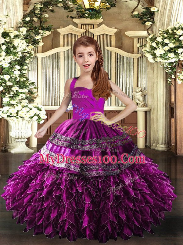 Best Purple Organza Lace Up Straps Sleeveless Floor Length Glitz Pageant Dress Appliques and Ruffles