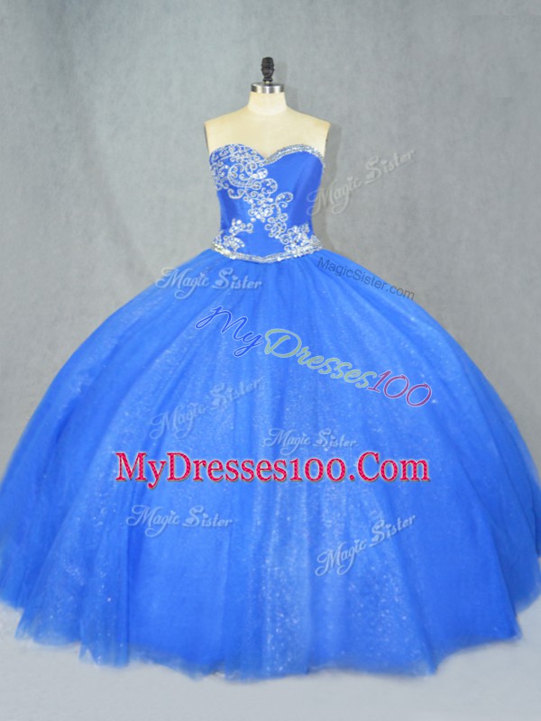 Ball Gowns Ball Gown Prom Dress Blue Sweetheart Tulle Sleeveless Floor Length Lace Up