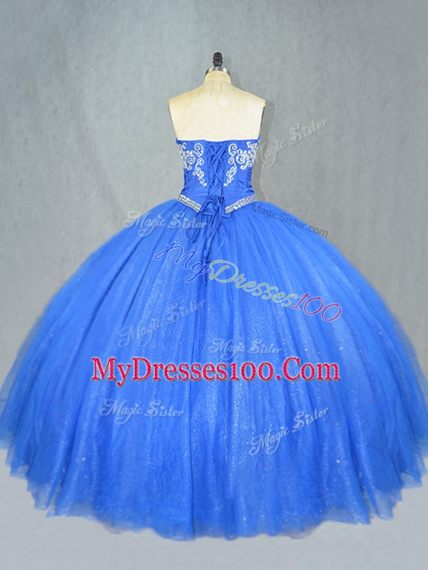Ball Gowns Ball Gown Prom Dress Blue Sweetheart Tulle Sleeveless Floor Length Lace Up