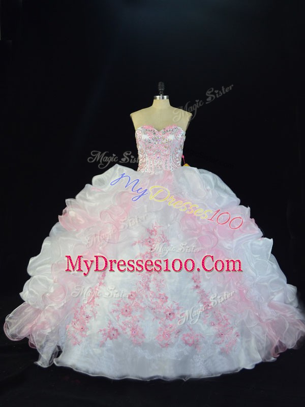Delicate Floor Length Ball Gowns Sleeveless Pink And White Sweet 16 Quinceanera Dress Lace Up
