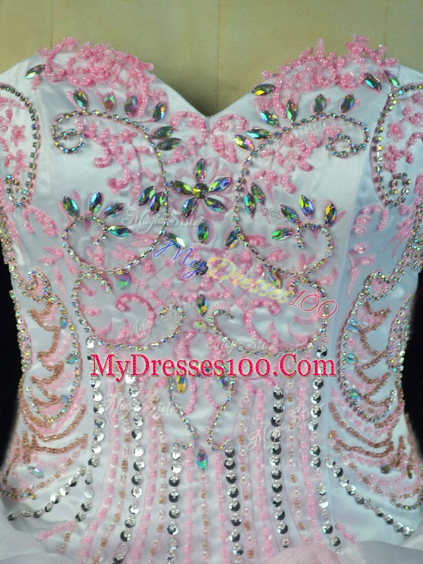 Delicate Floor Length Ball Gowns Sleeveless Pink And White Sweet 16 Quinceanera Dress Lace Up