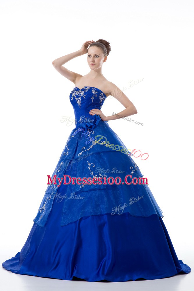 Glittering Royal Blue Sleeveless Floor Length Embroidery and Ruffled Layers Lace Up Sweet 16 Dresses
