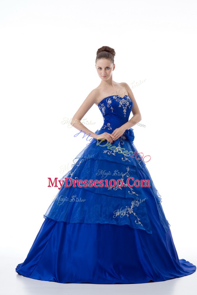 Glittering Royal Blue Sleeveless Floor Length Embroidery and Ruffled Layers Lace Up Sweet 16 Dresses