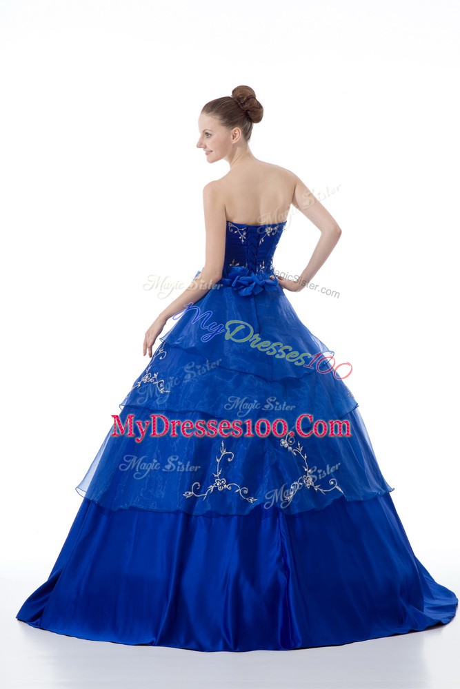 Glittering Royal Blue Sleeveless Floor Length Embroidery and Ruffled Layers Lace Up Sweet 16 Dresses
