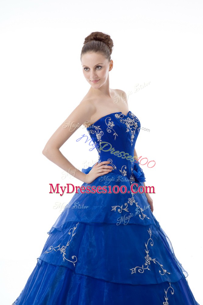 Glittering Royal Blue Sleeveless Floor Length Embroidery and Ruffled Layers Lace Up Sweet 16 Dresses