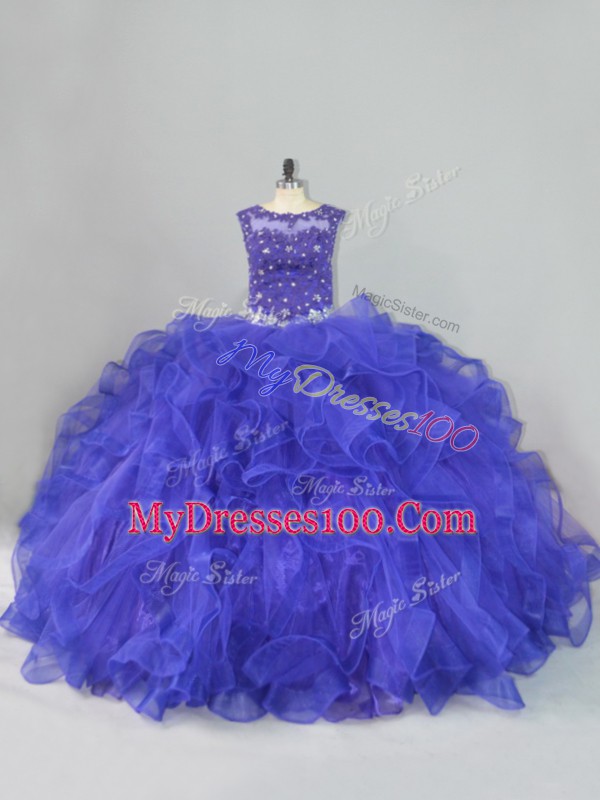 Blue Lace Up Quinceanera Dresses Beading and Ruffles Sleeveless Floor Length