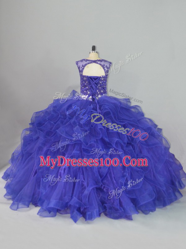 Blue Lace Up Quinceanera Dresses Beading and Ruffles Sleeveless Floor Length