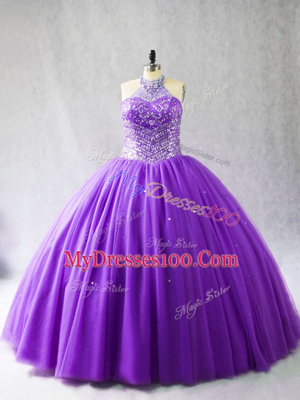Purple Halter Top Neckline Beading Vestidos de Quinceanera Sleeveless Lace Up