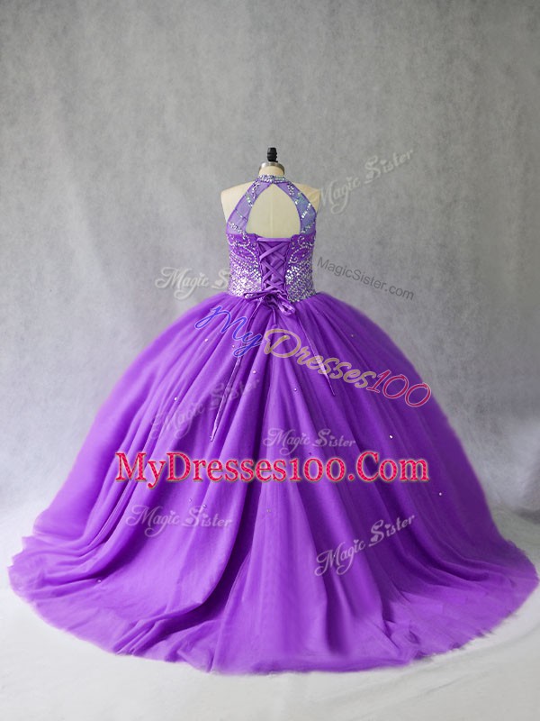 Purple Halter Top Neckline Beading Vestidos de Quinceanera Sleeveless Lace Up