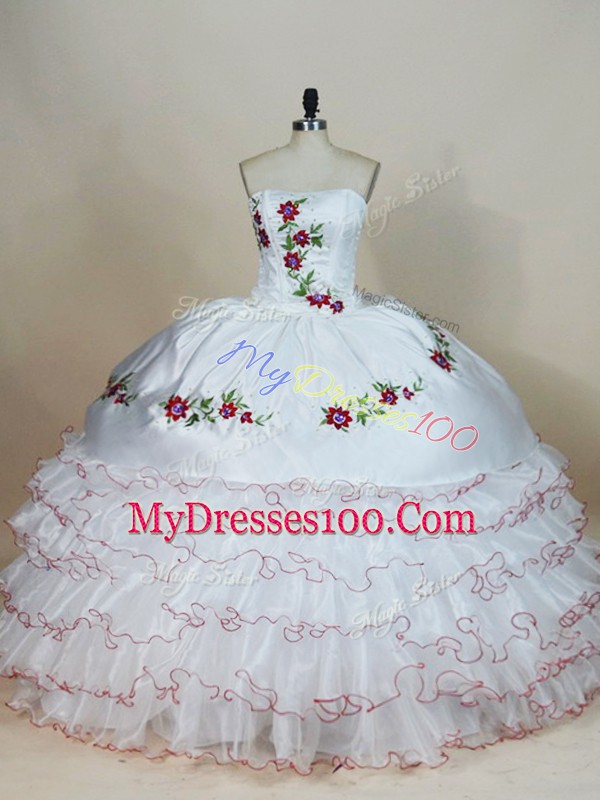 Floor Length White Quinceanera Gown Organza Sleeveless Embroidery and Ruffled Layers