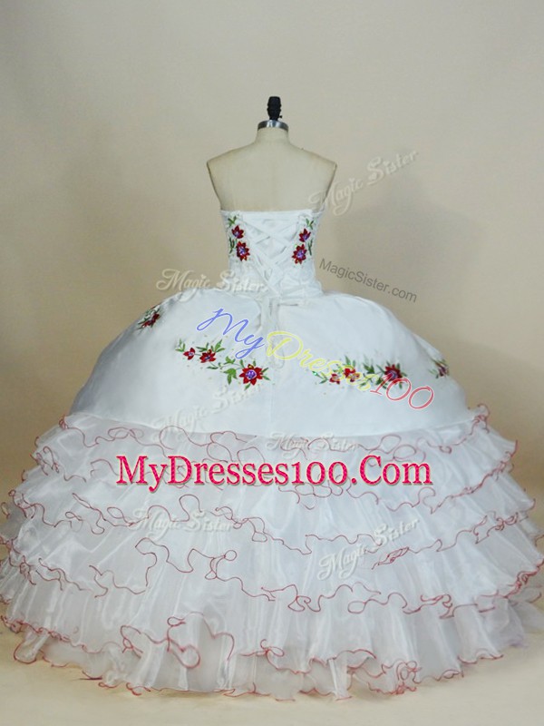 Floor Length White Quinceanera Gown Organza Sleeveless Embroidery and Ruffled Layers