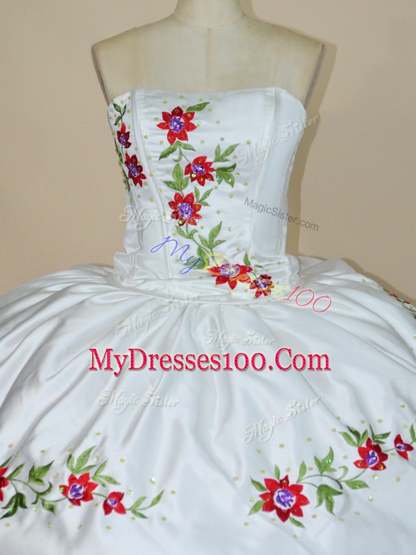 Floor Length White Quinceanera Gown Organza Sleeveless Embroidery and Ruffled Layers
