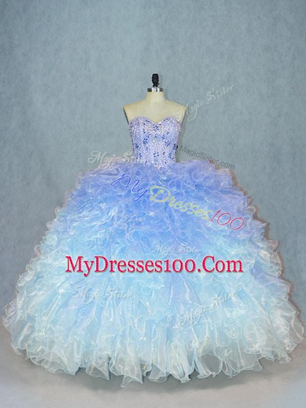 Sweet Multi-color Ball Gowns Organza Sweetheart Sleeveless Beading and Ruffles Lace Up Sweet 16 Dress