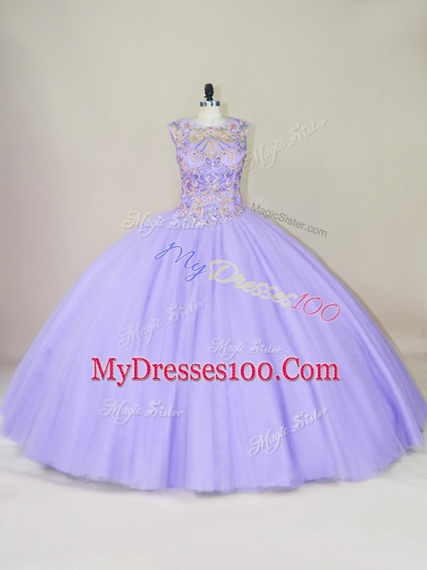 Lavender Lace Up Scoop Beading Sweet 16 Dress Tulle Sleeveless