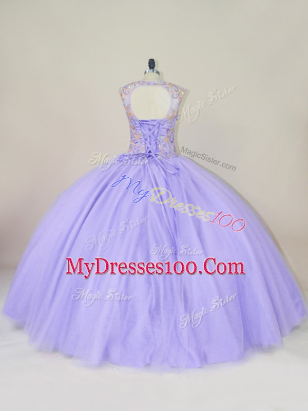 Lavender Lace Up Scoop Beading Sweet 16 Dress Tulle Sleeveless