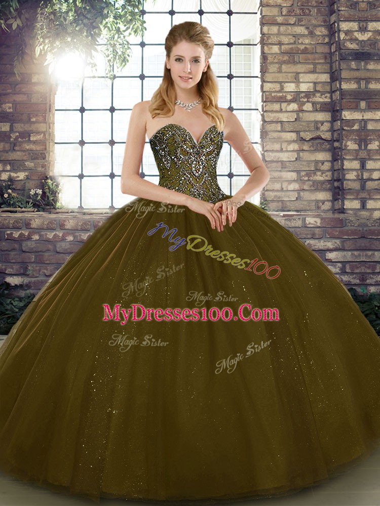 Ball Gowns 15 Quinceanera Dress Brown Sweetheart Tulle Sleeveless Floor Length Lace Up
