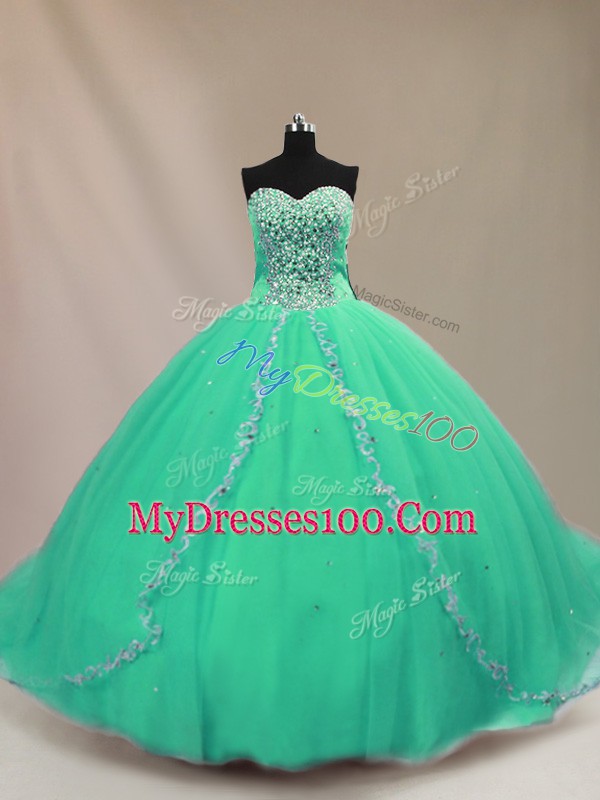 Sweetheart Sleeveless 15 Quinceanera Dress Court Train Beading Turquoise Tulle