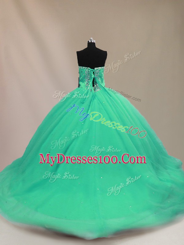 Sweetheart Sleeveless 15 Quinceanera Dress Court Train Beading Turquoise Tulle