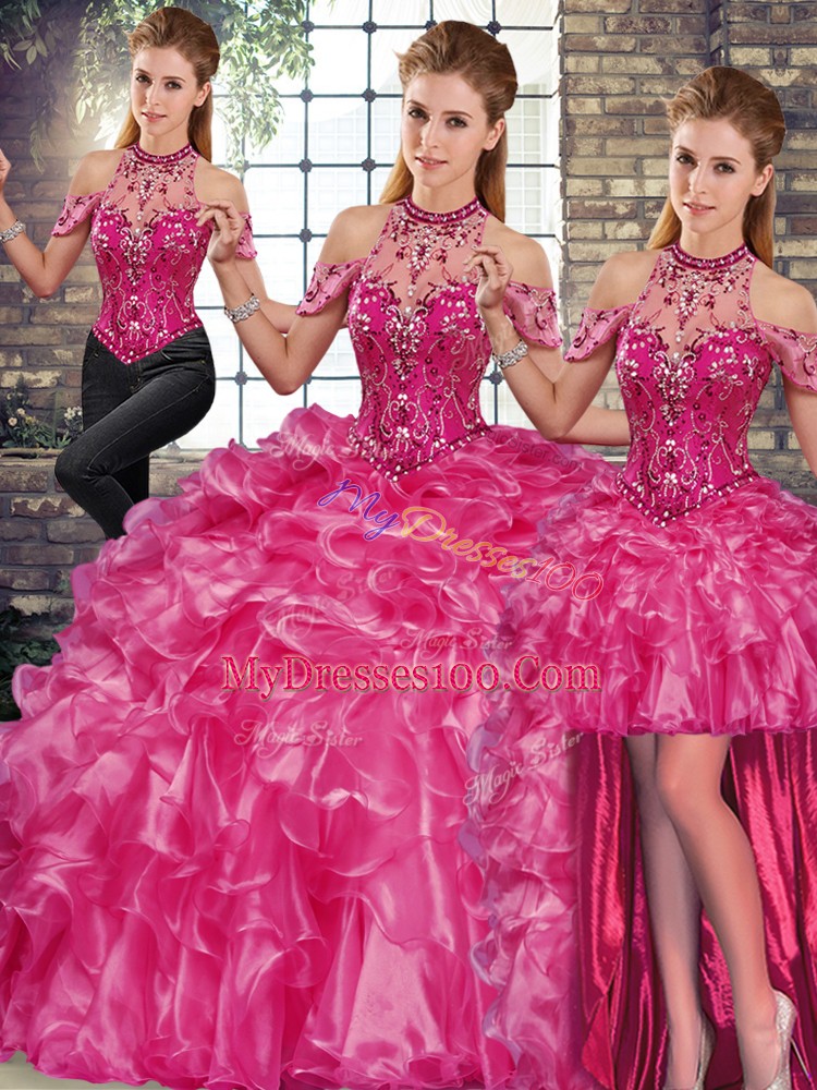 Best Fuchsia Lace Up Quinceanera Dresses Beading and Ruffles Sleeveless Floor Length