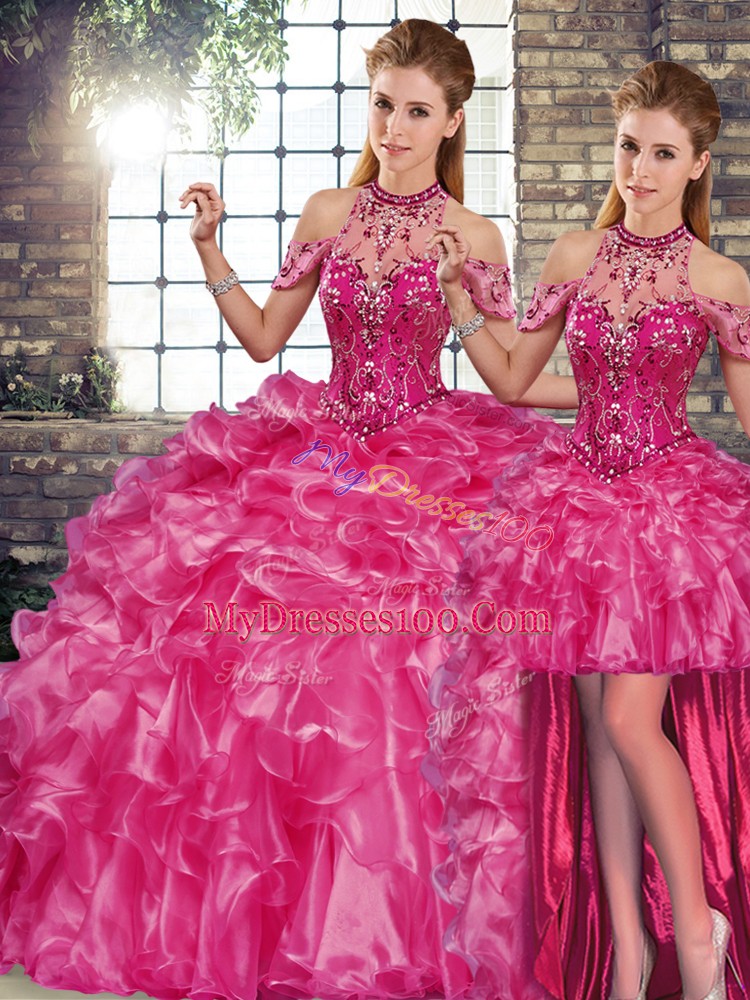 Best Fuchsia Lace Up Quinceanera Dresses Beading and Ruffles Sleeveless Floor Length