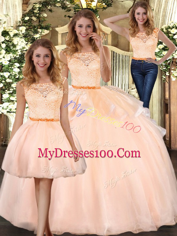 Most Popular Peach Zipper Scoop Lace Sweet 16 Dress Organza Sleeveless