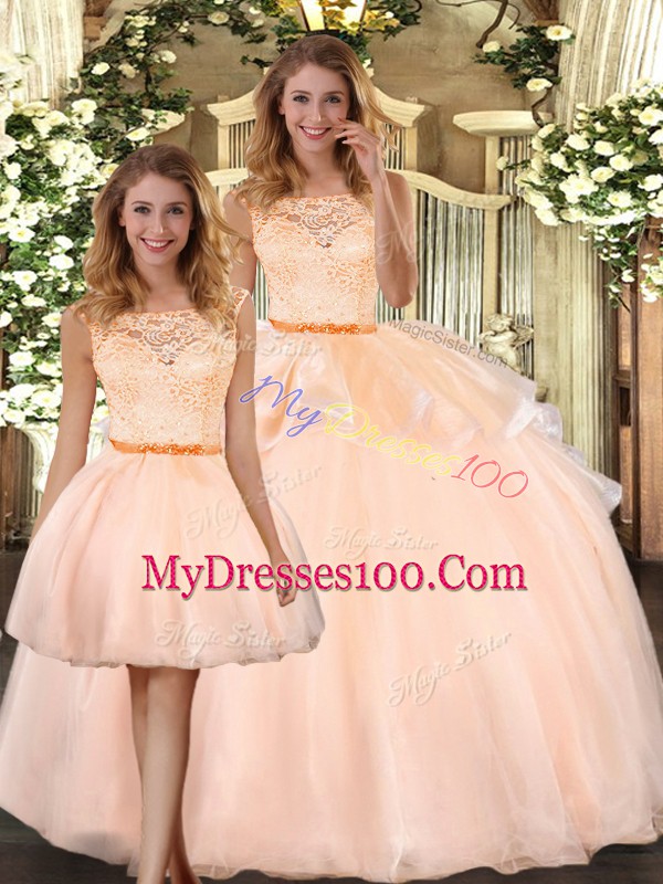 Most Popular Peach Zipper Scoop Lace Sweet 16 Dress Organza Sleeveless