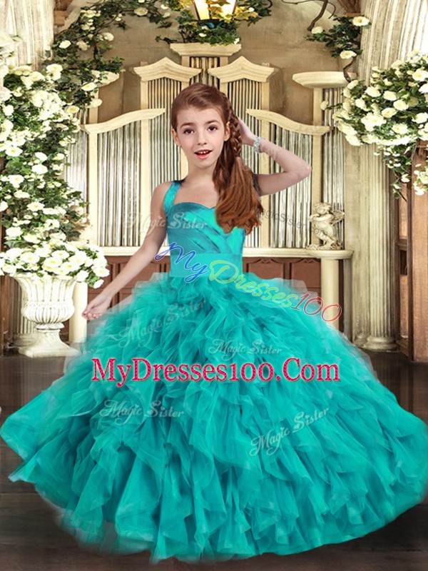 Straps Sleeveless Little Girls Pageant Dress Wholesale Floor Length Ruffles Aqua Blue Tulle