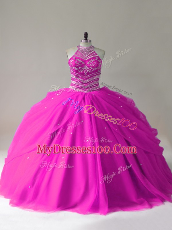Decent Fuchsia Ball Gowns Beading Ball Gown Prom Dress Lace Up Tulle Sleeveless