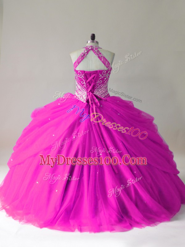 Decent Fuchsia Ball Gowns Beading Ball Gown Prom Dress Lace Up Tulle Sleeveless