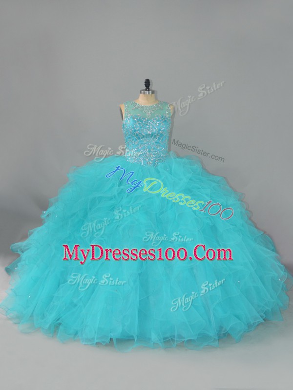 Aqua Blue Tulle Lace Up Quinceanera Dress Sleeveless Floor Length Beading and Ruffles