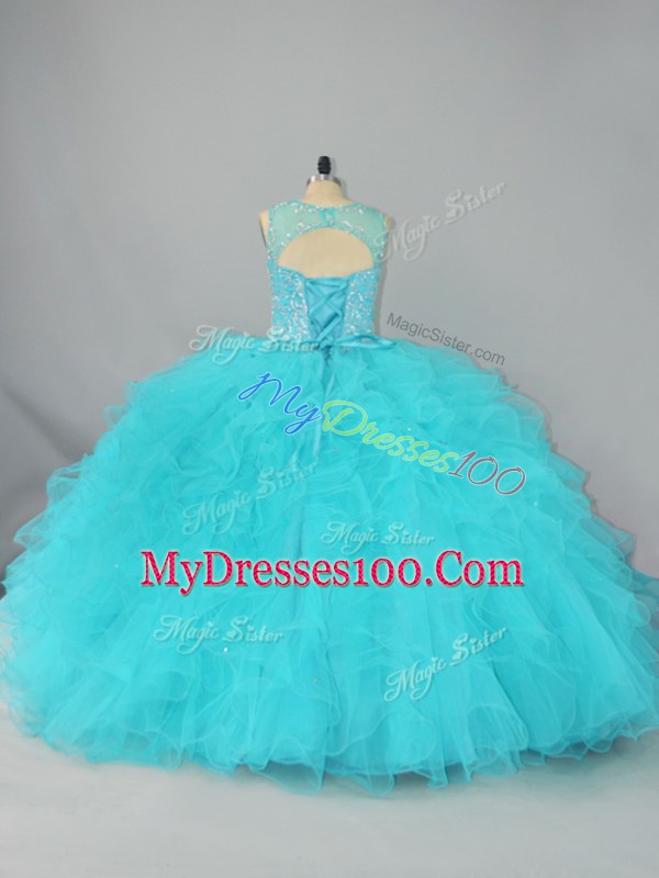 Aqua Blue Tulle Lace Up Quinceanera Dress Sleeveless Floor Length Beading and Ruffles