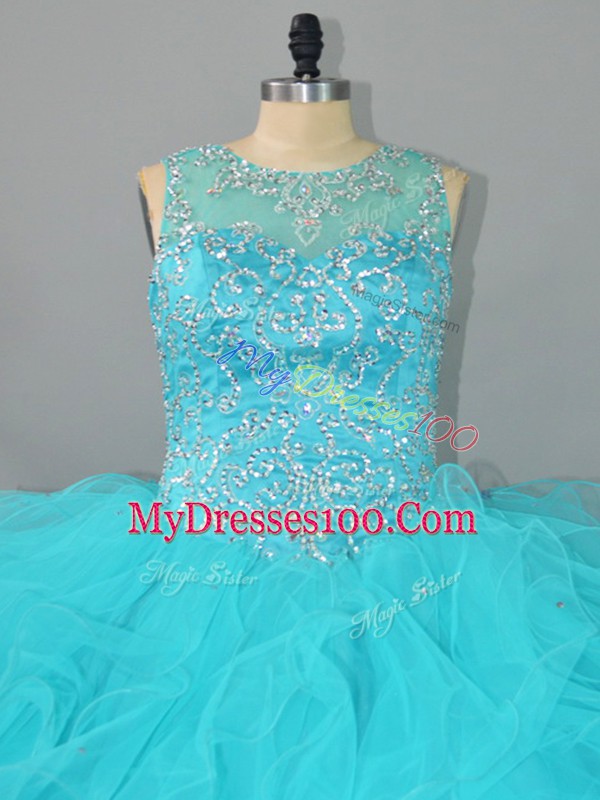 Aqua Blue Tulle Lace Up Quinceanera Dress Sleeveless Floor Length Beading and Ruffles