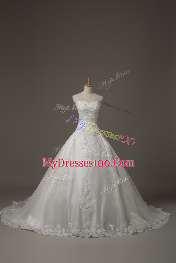 Adorable Sweetheart Sleeveless Court Train Lace Up Wedding Dresses White Tulle