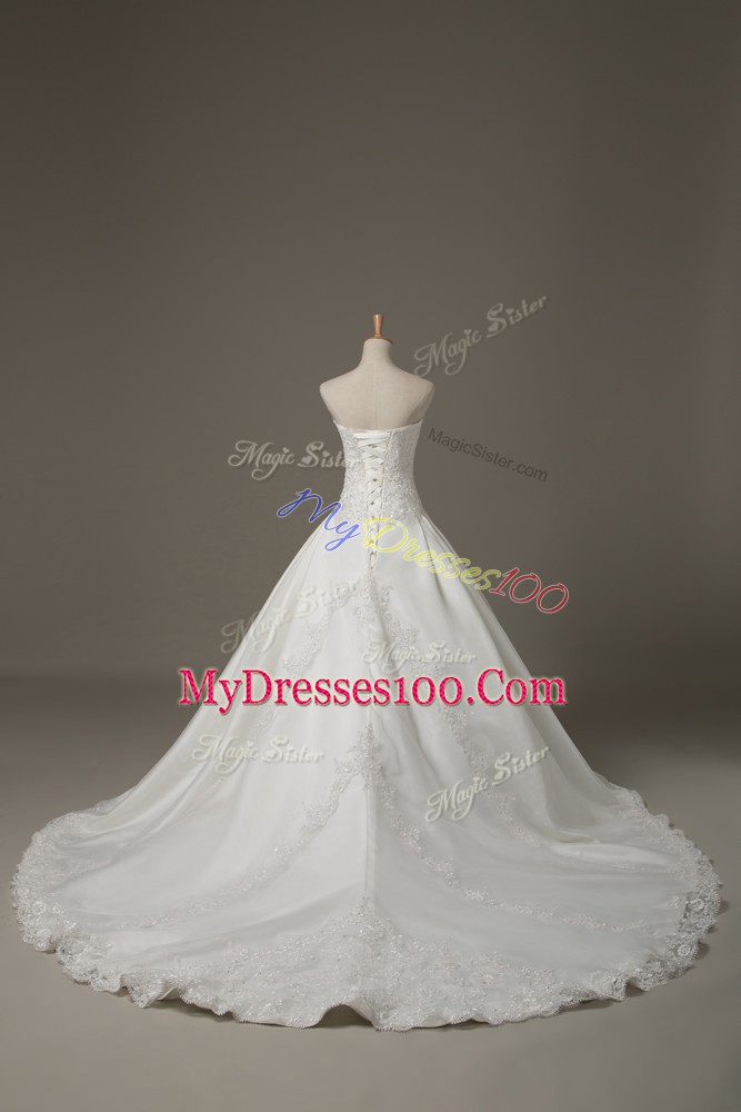 Adorable Sweetheart Sleeveless Court Train Lace Up Wedding Dresses White Tulle