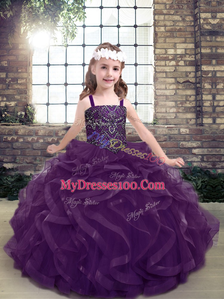 On Sale Purple Lace Up Little Girl Pageant Gowns Beading and Ruffles Sleeveless Floor Length