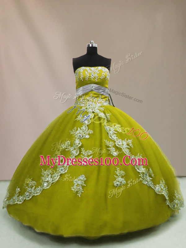 Latest Olive Green Ball Gowns Tulle Strapless Sleeveless Appliques Floor Length Lace Up Quinceanera Gown