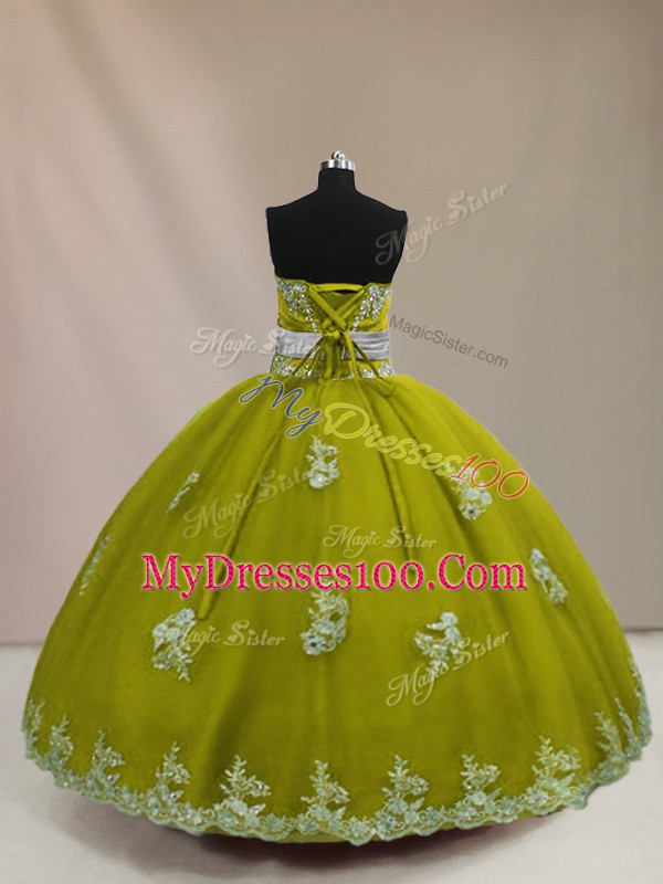 Latest Olive Green Ball Gowns Tulle Strapless Sleeveless Appliques Floor Length Lace Up Quinceanera Gown