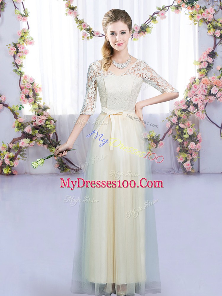 Champagne Half Sleeves Lace and Bowknot Floor Length Damas Dress