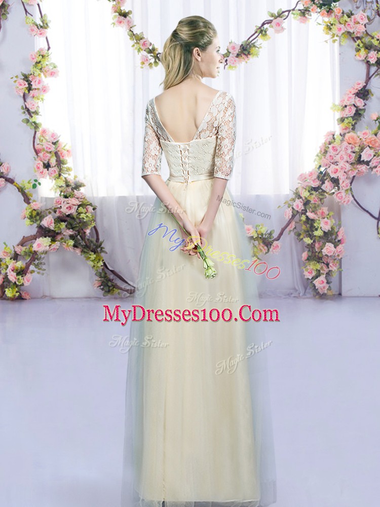 Champagne Half Sleeves Lace and Bowknot Floor Length Damas Dress