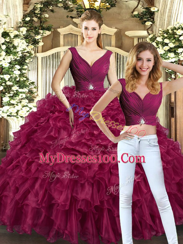 Clearance Burgundy Sleeveless Beading and Ruffles Floor Length Vestidos de Quinceanera