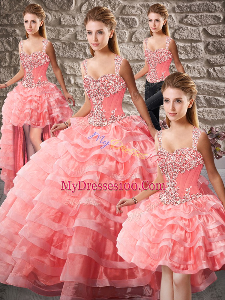 Super Organza Sleeveless Quinceanera Dress Court Train and Beading and Ruffled Layers