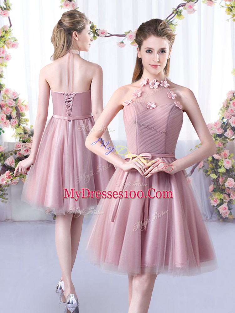 Pink Halter Top Lace Up Appliques and Belt Court Dresses for Sweet 16 Sleeveless