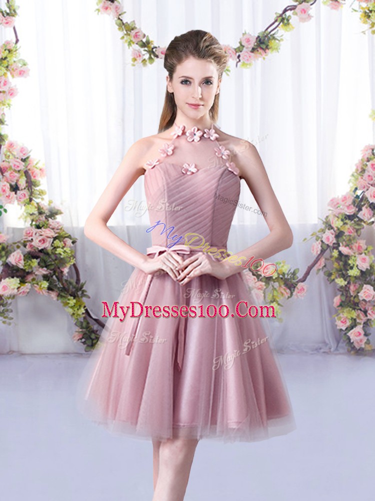 Pink Halter Top Lace Up Appliques and Belt Court Dresses for Sweet 16 Sleeveless