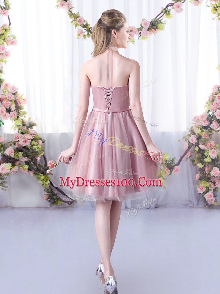 Pink Halter Top Lace Up Appliques and Belt Court Dresses for Sweet 16 Sleeveless