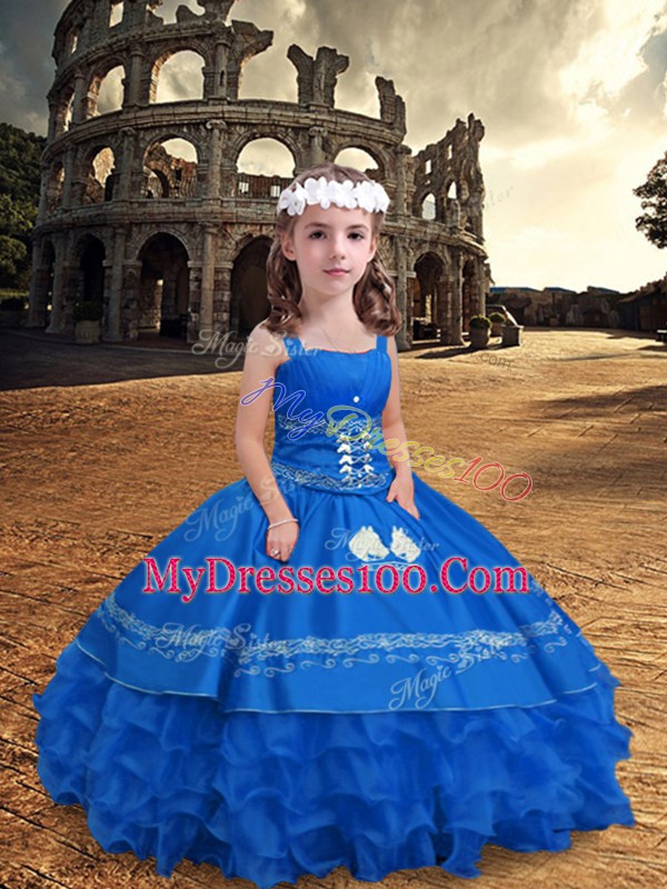 Blue Sleeveless Embroidery and Ruffled Layers Floor Length Girls Pageant Dresses
